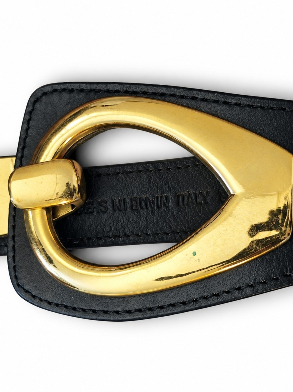 Genuine Italian Leather W/ Oversized Gold Hook Belt Buckle.